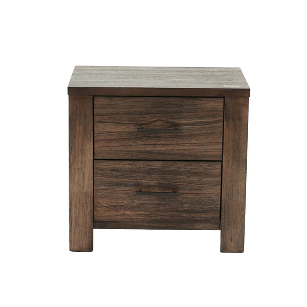 English Elm Wood Nightstand with 2 Drawers Brown Wood Finish, Contemporary Bedside Table, Durable Storage Piece SR014881