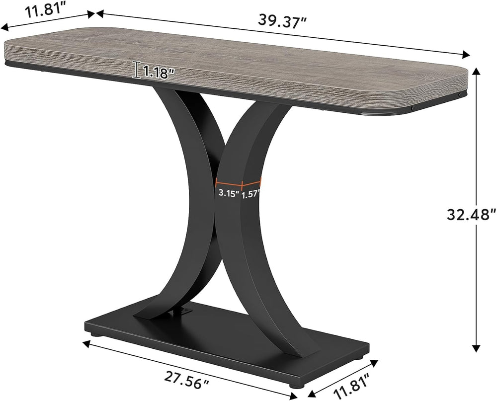 English Elm Compact Industrial Console Table Rustic Wood Top Metal Base Slim Entryway Accent T3971P448553