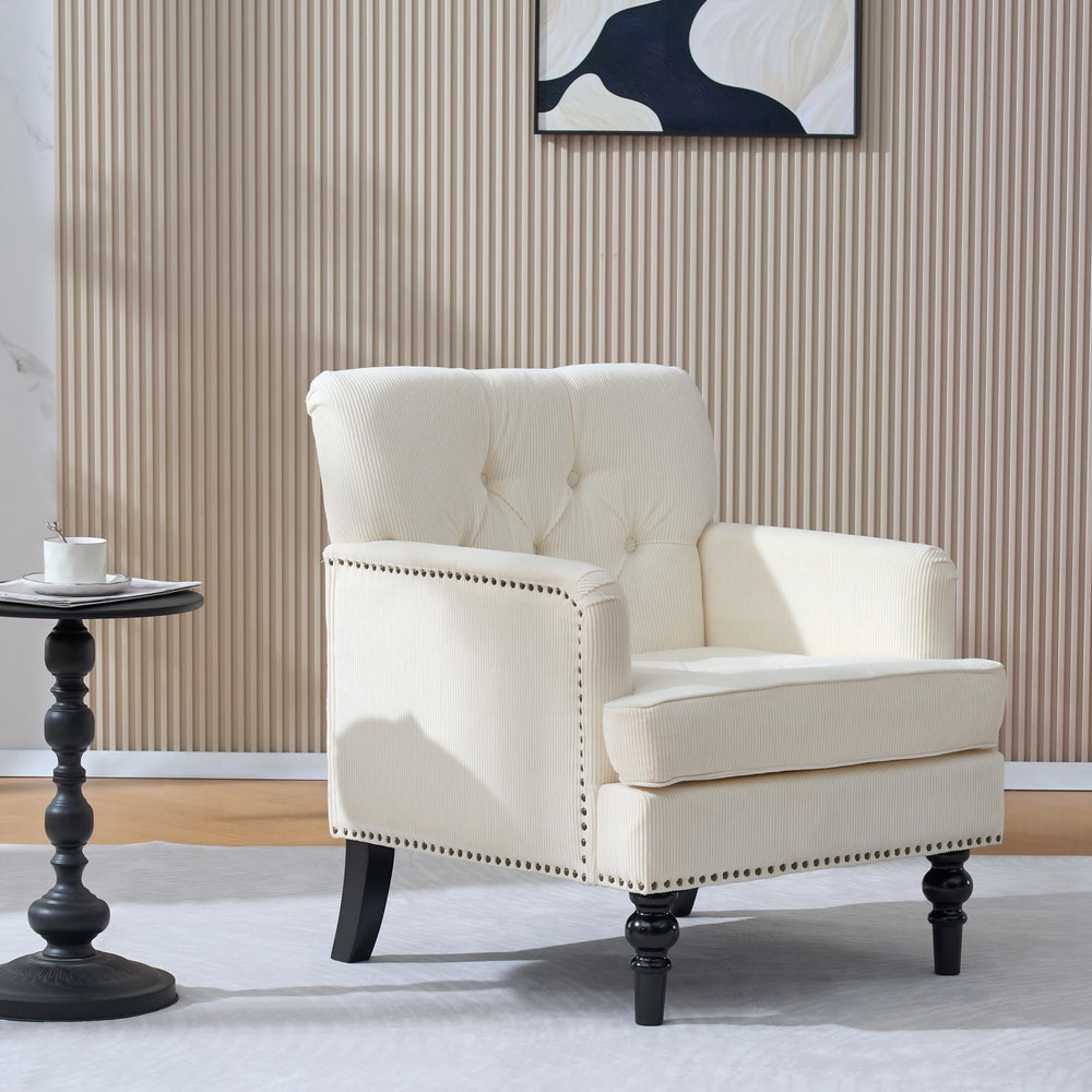 English Elm Tufted Button Corduroy Accent Chair Mid Century Studded Armchair for Living Room Beige W3523P387526