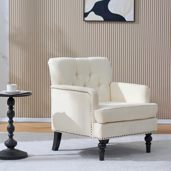 English Elm Tufted Button Corduroy Accent Chair Mid Century Studded Armchair for Living Room Beige W3523P387526