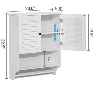 English Elm Wall-Mounted Bathroom Cabinet with Louvered Doors, Adjustable Shelves, Open Shelf & Towel Rod for Organized, Ventilated Storage White T3771P368595