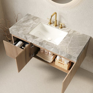 English Elm Muri Floating Bathroom Vanity with Sintered Stone Top and White Oak Plywood Cabinet W2615S00586