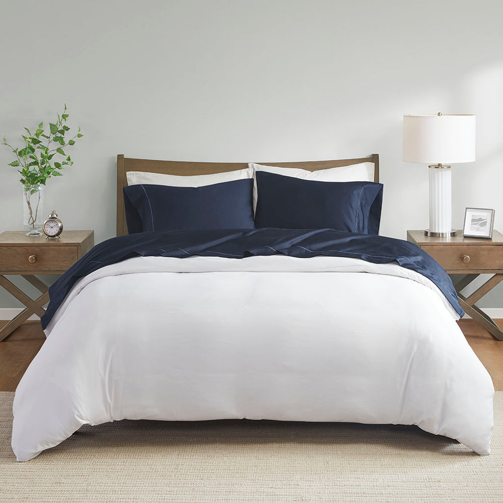 JLA Home Madison Park - Pima Cotton Sheet Set with Long-Staple Softness, Baratta Hemstitching, Breathable Year-Round Comfort Navy MP20-8001