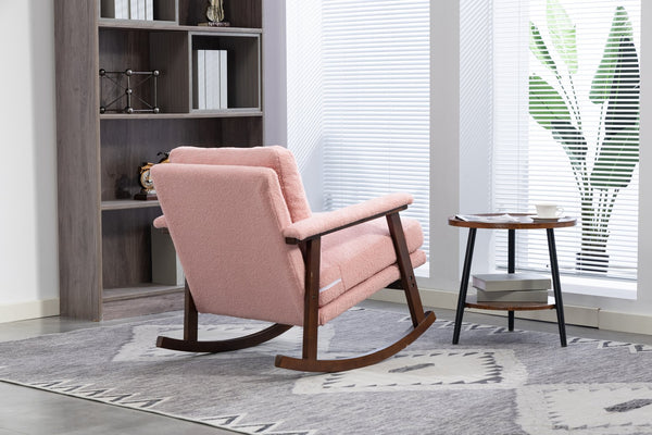 English Elm Mid Century Modern Rocking Chair Solid Wood Frame Upholstered Seat with Lumbar Cushion Light Pink W2530P419008