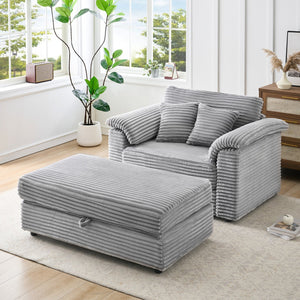 English Elm 47.24-inch corduroy armchair with storage ottoman and USB ports, spring seat, solid wood frame lounge Gray W3356S00021