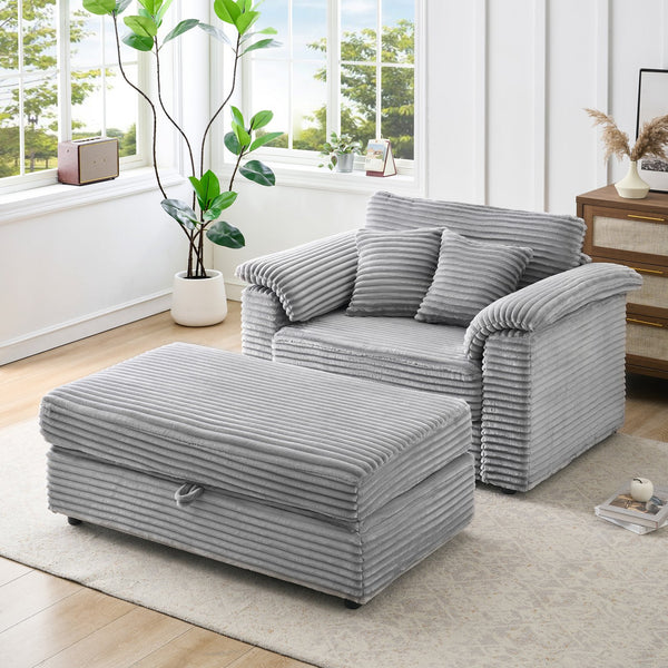 English Elm 47.24-inch corduroy armchair with storage ottoman and USB ports, spring seat, solid wood frame lounge Gray W3356S00021