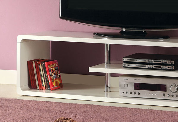 English Elm Contemporary Curved Shelving TV Console with Chrome Poles, High Gloss Lacquer Finish, Sleek Design White 60 L x 19 W x 7 H B2741P361976