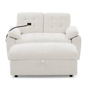 English Elm Leisure Chenille Two Seat Reclining Sofa with Usb Port Storage Ottoman Padded Armrests Beige W487S00520