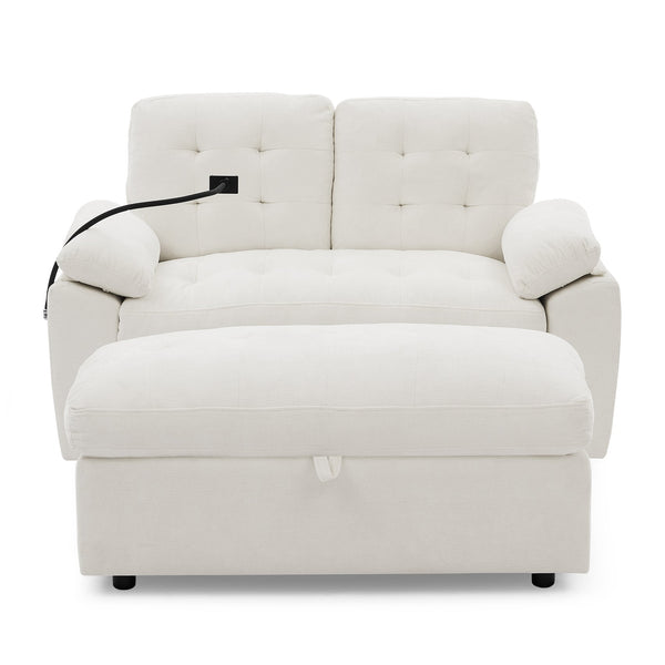 English Elm Leisure Chenille Two Seat Reclining Sofa with Usb Port Storage Ottoman Padded Armrests Beige W487S00520