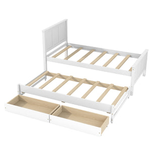 English Elm Twin Pine Platform Bed with Pull-out Trundle Storage Drawers for Kids or Guests White N7090008815K