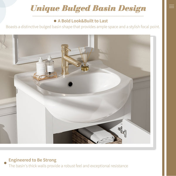 English Elm 20-inch French Style Freestanding Vanity Carved Wood Cabinet Soft Close Ceramic Basin White N710P330977K