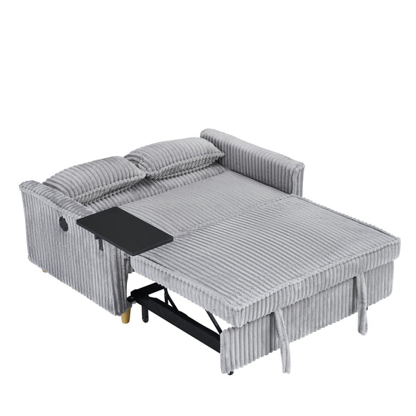 English Elm The pull-out corduroy sofa bed with convertible tabletop and USB charging ports for living room comfort Gray W1278P248133