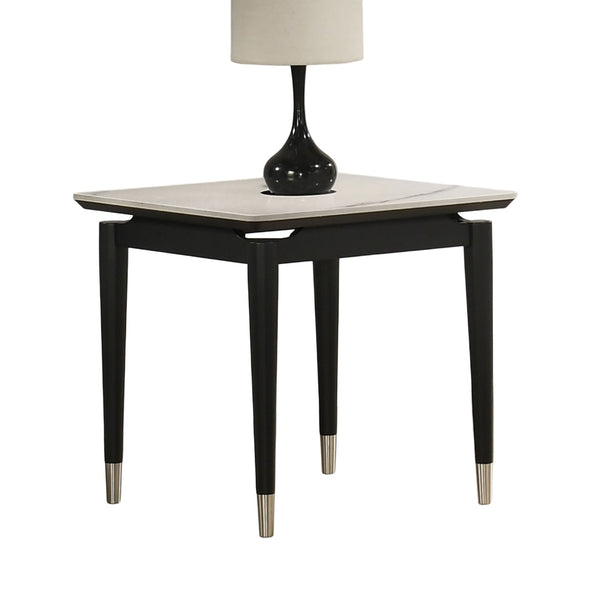 English Elm Contemporary sleek coffee table with sintered stone-look marble top, tapered legs and silver caps for modern elegance and durability Black,White 27 L x 27 W x 8 H B2741P402006