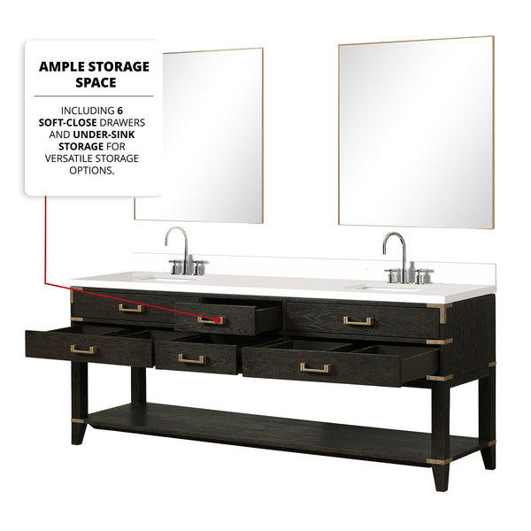 English Elm Black Oak Double Bath Vanity With White Quartz Top, Chrome Faucet, & Two 36" Mirrors For Luxury Spaces B2731S02206
