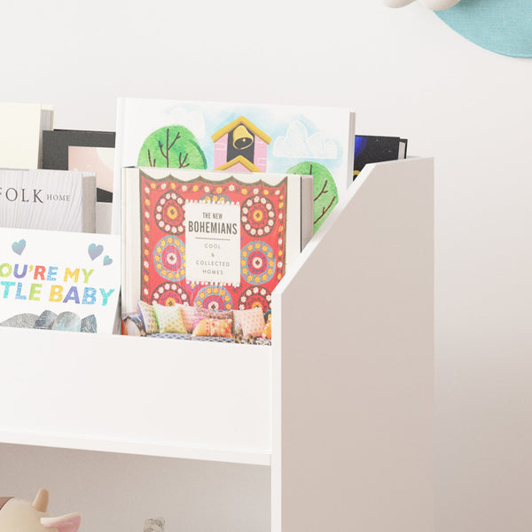 English Elm Toddler White Book Display Shelf with 3-Tier Face-Out Display and Large Bottom Bin, Modern MDF Organizer W808P350170