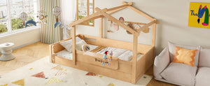 English Elm Twin Low Loft Bed Solid Pine Frame with Built-in Led Lighting and Storage Shelves Natural W1580P396331