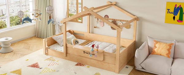 English Elm Twin Low Loft Bed Solid Pine Frame with Built-in Led Lighting and Storage Shelves Natural W1580P396331