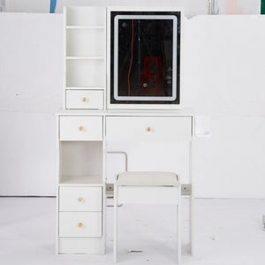 English Elm 29.2" Compact Left Drawer Vanity Set With Led Mirror, Power Station, Stool & Hair Dryer Holder P2 W936P226043-GIGA