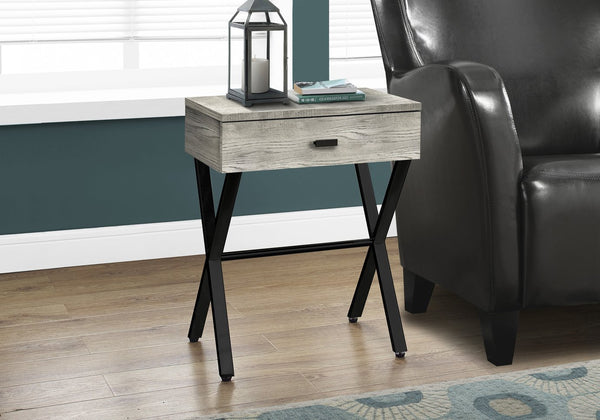 English Elm Accent Table Rustic Wood-Look End Table with Black Metal X Base, Nightstand with Drawer for Living Room Grey 22 L x 14 W x 7 H B2710P219288