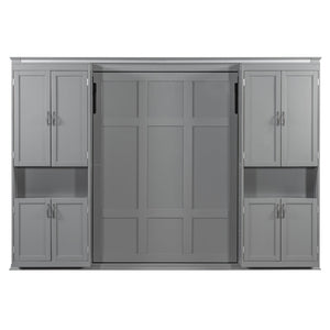 English Elm Full-size Murphy Wall Bed with Sliding Cabinets and Twelve Open Shelves for Studios Gray LP000919AAE