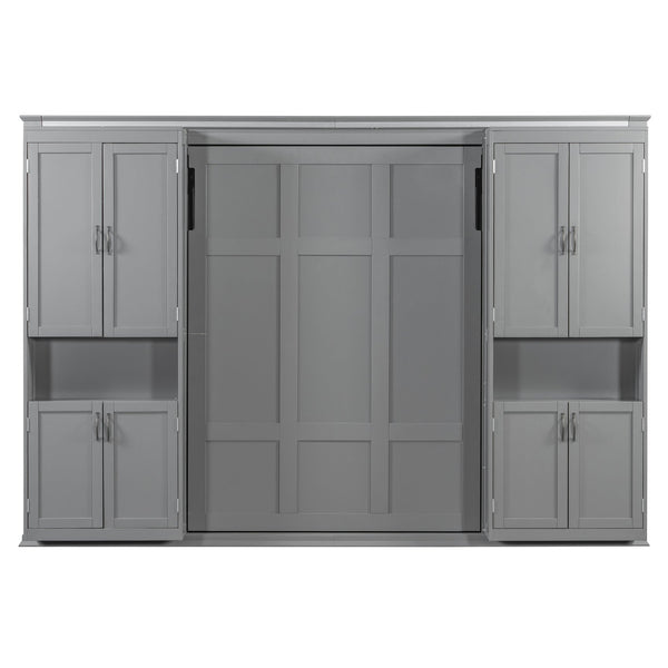 English Elm Full-size Murphy Wall Bed with Sliding Cabinets and Twelve Open Shelves for Studios Gray LP000919AAE