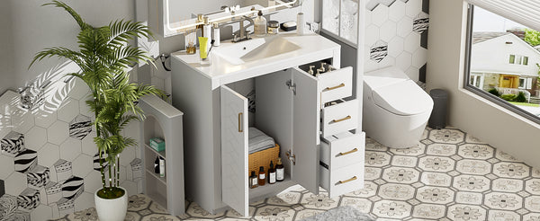 English Elm 36'' Bathroom Vanity with Ceramic Sink Combo Solid Wood Frame Soft-Closing Drawers Ample Storage Elegance White N710P243327K