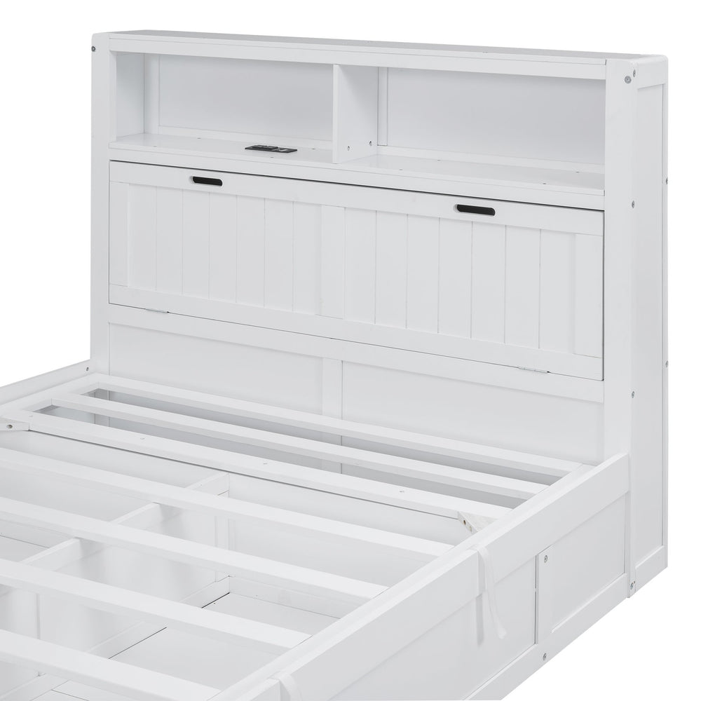 English Elm Wood Full Size Hydraulic Platform Bed with LED Headboard, Charging Station, Hidden Storage Drawers and Shelves White GX000371AAK