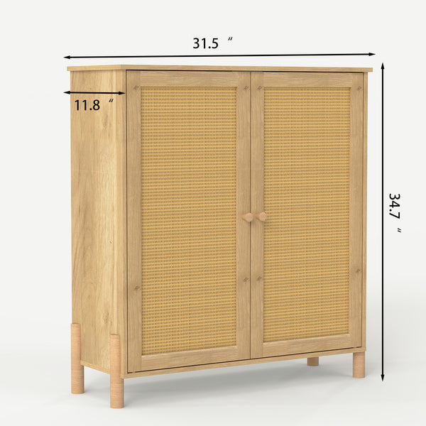 English Elm Mid-Century Woven Rattan Door Storage Cabinet with Adjustable Shelves and Solid Wood Legs, Stylish and Functional Natural 35.4 L x 18.5 W x 6.3 H W3151P288911