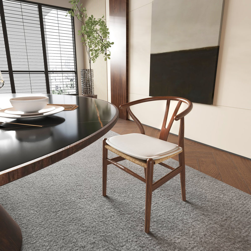 English Elm Wishbone Ergonomic Dining Chair in Beech Wood with Curved Armrest, Weave Seat & Removable Cushion Walnut W2812P194708