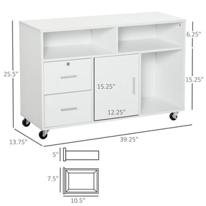 English Elm HOMCOM Mobile Printer Stand & Storage Cabinet with Locking Drawer, 3 Shelves, 4 Casters – White W2225P217762
