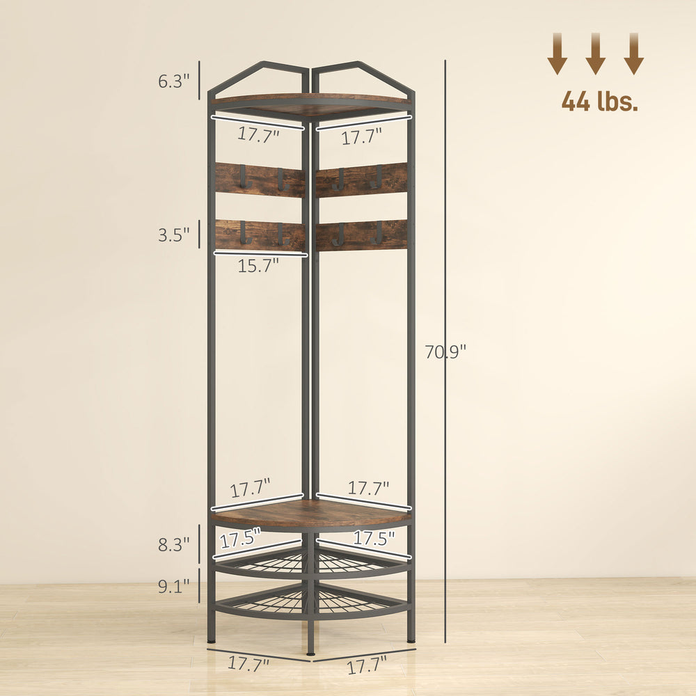 English Elm Coat Rack Corner Hall Tree Industrial Steel Frame with Shoe Storage and 8 Hooks T3971P401872