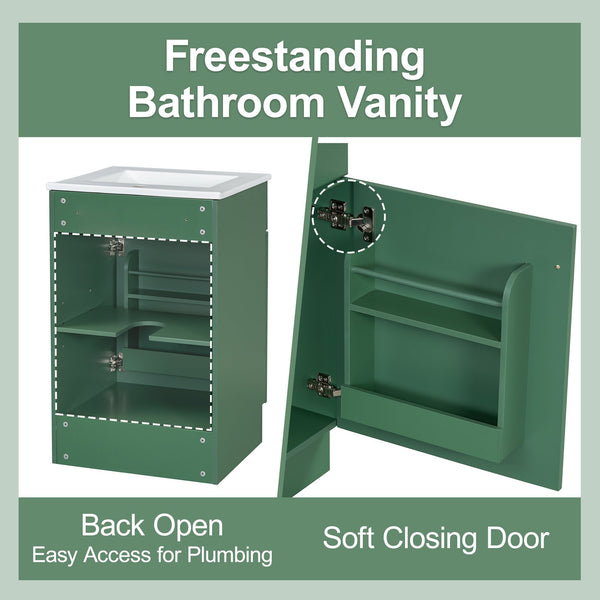 English Elm Christopher Knight Home® - 20" Bathroom Vanity with Ceramic Sink and Soft-Close Door, Gold Knob, Adjustable Shelf Storage Green N759P237946F