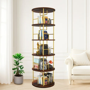 English Elm 5 Tier Rotating Bookshelf Tower with 360° Spin, Space-Saving Corner Display, Modern MDF Storage Unit Golden W3204P354235