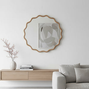 English Elm Natural Wood 30in Wavy Round Solid Wood Frame Decorative Mirror – Rustic Elegant Boho Vanity Accent W2203P389072