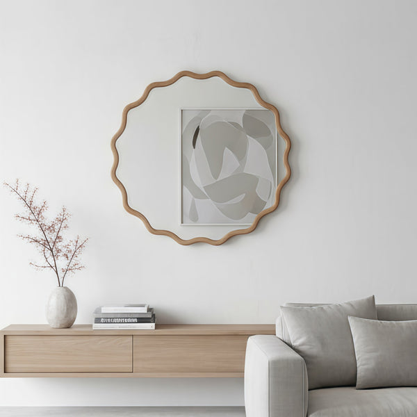 English Elm Natural Wood 30in Wavy Round Solid Wood Frame Decorative Mirror – Rustic Elegant Boho Vanity Accent W2203P389072