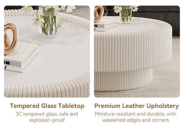 English Elm 31.5" Fluted Leather Round Coffee Table Tempered Glass Lift Top Hidden Storage Modern White W3158P450848