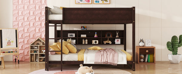 English Elm Queen Over Queen Floor Bunk Bed with Built-In Storage Shelves, USB Charging Station, Solid Pine Frame, Safety Rails and LadderDesigned for Space Saving and Modern Bedrooms Brown W504S00239