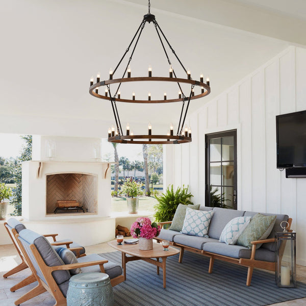 English Elm Large Two Tier Wagon Wheel Chandelier 32 Light Farmhouse Metal Wood Grain Foyer W5008P464922