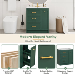 English Elm Classic 30" Forest Green Bathroom Vanity with Gold Handles, Double-Layer Drawer, Ceramic Sink Elegance N729P194978F