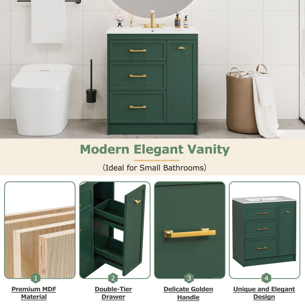 English Elm Classic 30" Forest Green Bathroom Vanity with Gold Handles, Double-Layer Drawer, Ceramic Sink Elegance N729P194978F