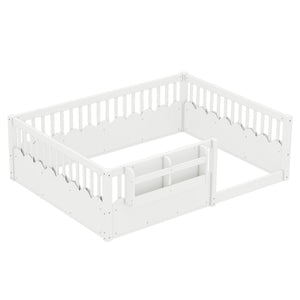 English Elm Twin Low Profile Kids Floor Bed Pine Wood Frame with Safety Rail and Built in Bookshelf White W1580P373138