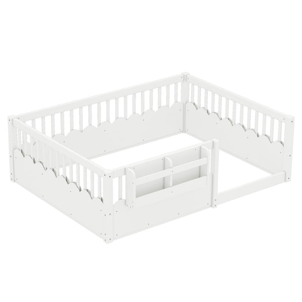 English Elm Twin Low Profile Kids Floor Bed Pine Wood Frame with Safety Rail and Built in Bookshelf White W1580P373138