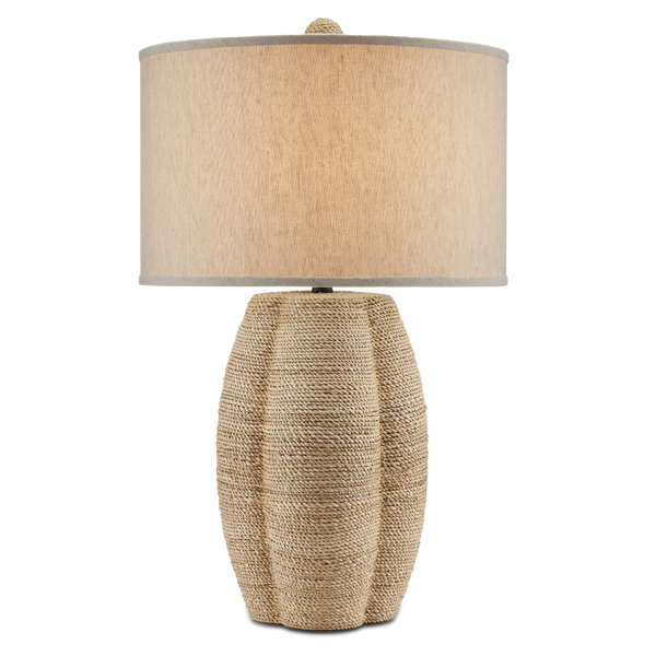 Karnak Table Lamp: Artisan-Crafted Quatrefoil Design in Terracotta & Abaca Rope, Natural Linen Shade