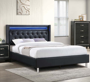 English Elm Modern Tufted Queen Platform Bed Faux Leather Led Headboard with Built-in Charging Port B011S02072