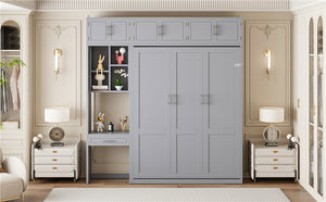 English Elm Queen Murphy Bed with Integrated Desk Cabinet Shelves Space Saving Studio Solution Gray N708S00021E-1