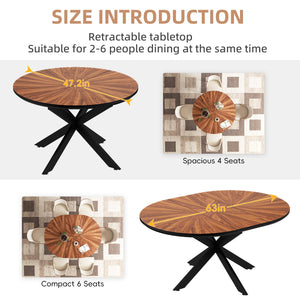 English Elm 47.2"-63" Extendable Round Dining Table Solid Wood Parquet Top Seats Six Walnut W3587S00002