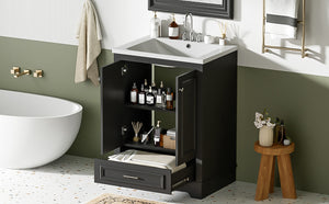 English Elm 24'' Bathroom Vanity with Ceramic Sink Combo Modern Freestanding MDF Cabinet with Soft-Close Doors and Sleek Silver Handles for Spacious Organized Bathroom Storage Black N710P194893B