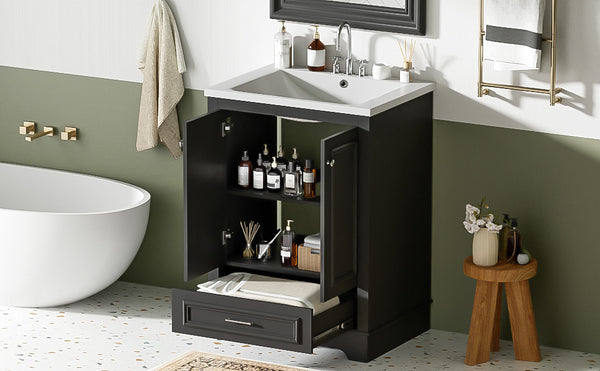 English Elm 24'' Bathroom Vanity with Ceramic Sink Combo Modern Freestanding MDF Cabinet with Soft-Close Doors and Sleek Silver Handles for Spacious Organized Bathroom Storage Black N710P194893B