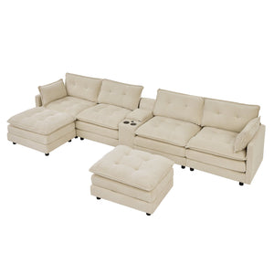 English Elm 154" Corduroy U-shaped Sectional with Ottomans Six Seat Modular Cloud Sofa Usb Console Beige W1998S00101