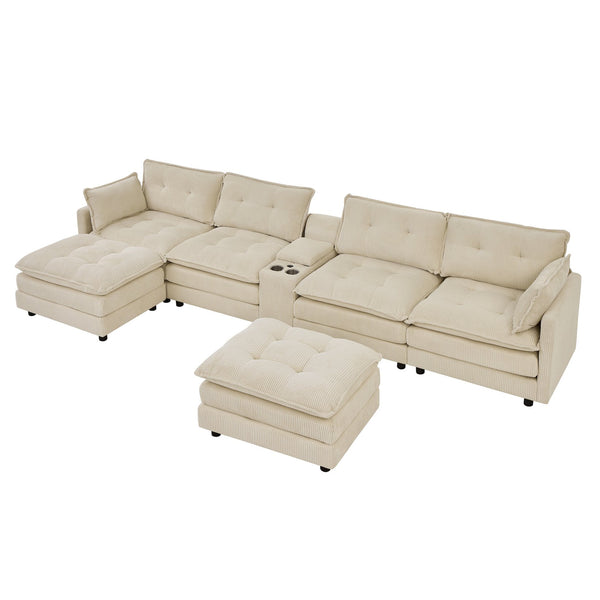 English Elm 154" Corduroy U-shaped Sectional with Ottomans Six Seat Modular Cloud Sofa Usb Console Beige W1998S00101